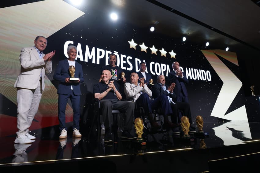 RIO DE JANEIRO, BRAZIL - JANUARY 25: FIFA President Gianni Infantino with Brazillian world Champions Bebeto, Cafú, Ronaldo, Pepe, Mengalvio and Jairzinho FIFA Women's World Cup Brazil 2027 tournament launch on January 25, 2026 in Rio de Janeiro, Brazil. (Photo by Wagner Meier - FIFA / FIFA via Getty Images)