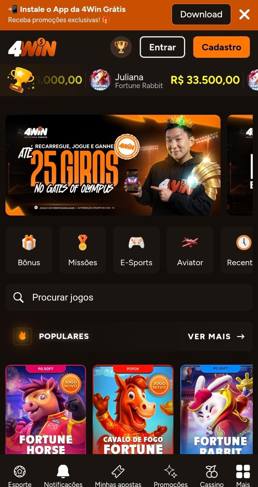 Captura de tela da 4Win na página inicial exibindo promoção de giros grátis, prêmios recentes e menus de navegação.