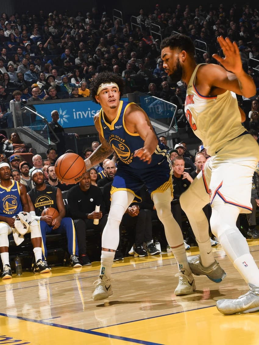 Gui Santos, do Golden State Warriors, durante partida contra o New York Knicks em 15 de janeiro de 2026, no Chase Center, em San Francisco. (Foto: Noah Graham/NBAE/Getty Images via AFP)