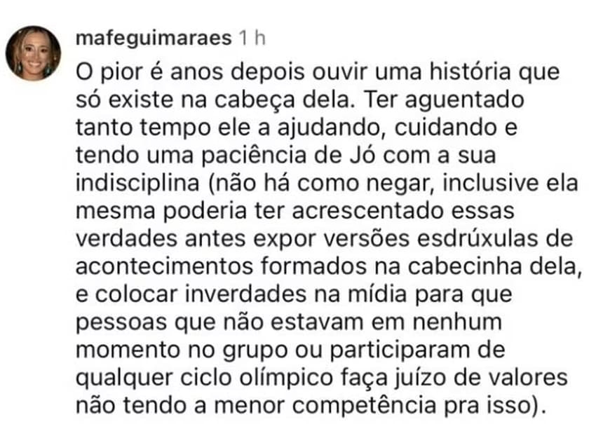 Comentário de Maria Fernanda Guimarães, filha de Zé Roberto, após acusações de Mari em podcast (Foto: Reprodução/Instagram)