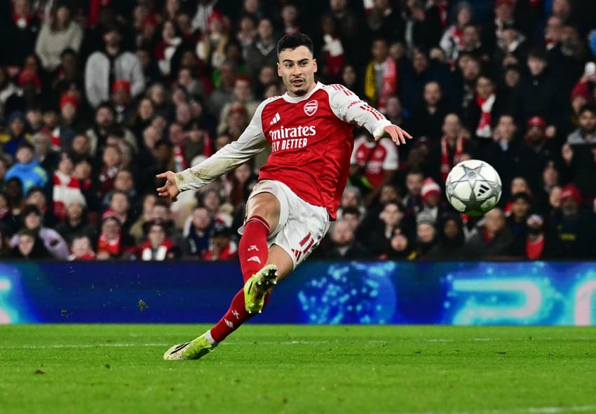 Gabriel Martinelli marcou na vitória do Arsenal sobre o Kairat na Champions League (Foto: Ben STANSALL / AFP)