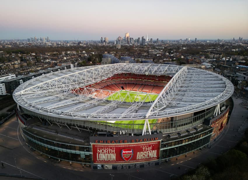 LONDON, ENGLAND - APRIL 07: An aerial view of Emirates Stadium at dusk during a Real Madrid training session ahead of their UEFA Champions League 2024/25 quarter final first leg match at Arsenal Stadium on April 07, 2025 in London, England. (Photo by Ryan Pierse/Getty Images)