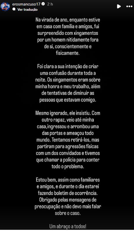 Mancuso, do Fortaleza, se manifestou publicamente após se envolver em confusão durante virada de ano (Foto: Reprodução)