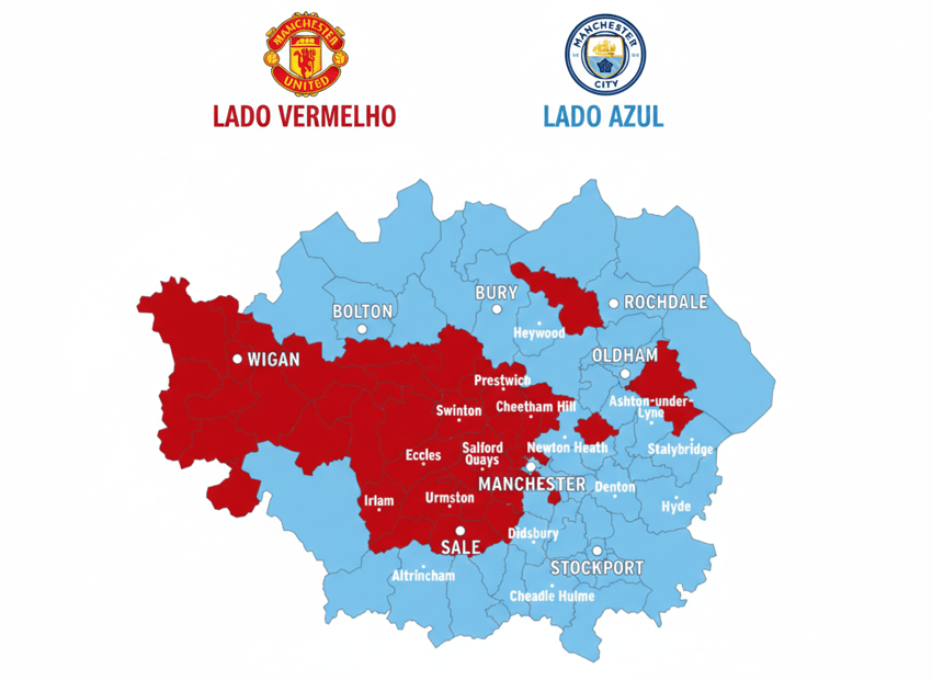 Mapa da Grande Manchester com os lados dos torcedores do Manchester United e Manchester City