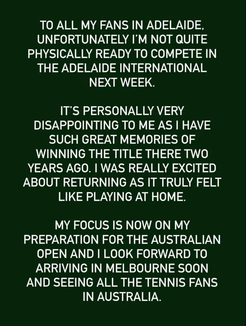 Novak Djokovic anuncia desistência do ATP de Adelaide (Foto: Reprodução / Instagram)