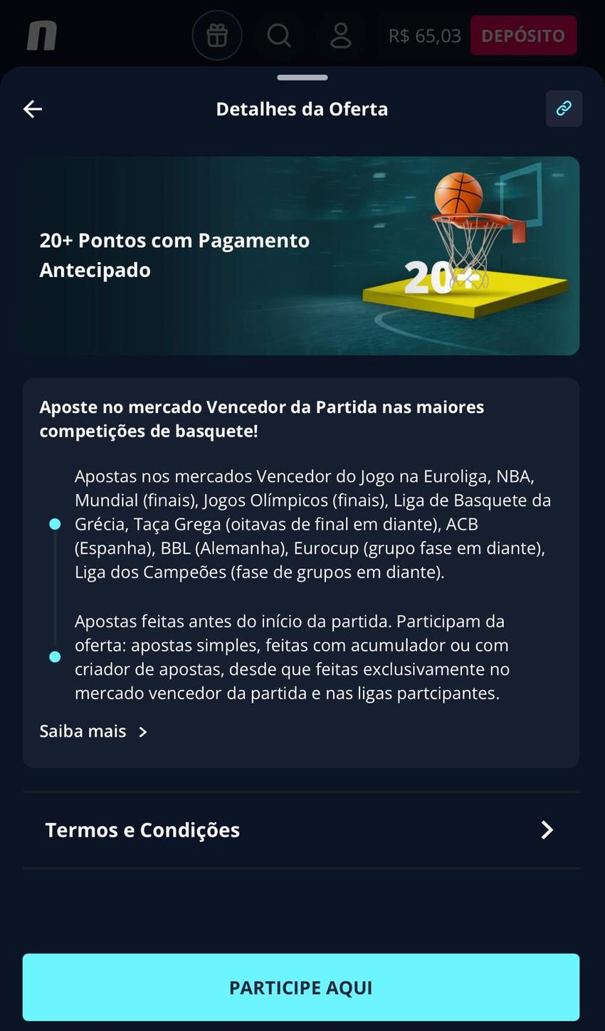 Captura de tela da promoção Pagamento Antecipado no basquete na Novibet.