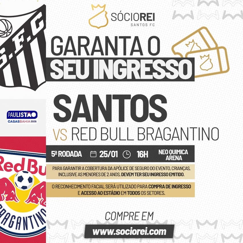 Santos inicia a venda de ingressos para duelo contra o Red Bull Bragantino. (Foto: Divulgação/ Santos FC)