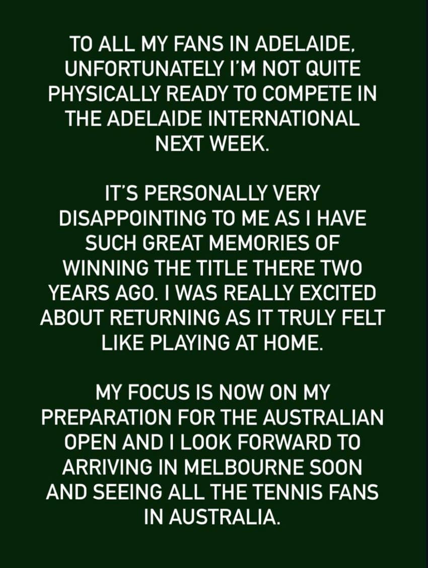 Novak Djokovic anuncia desistência do ATP de Adelaide (Foto: Reprodução/ Instagram)