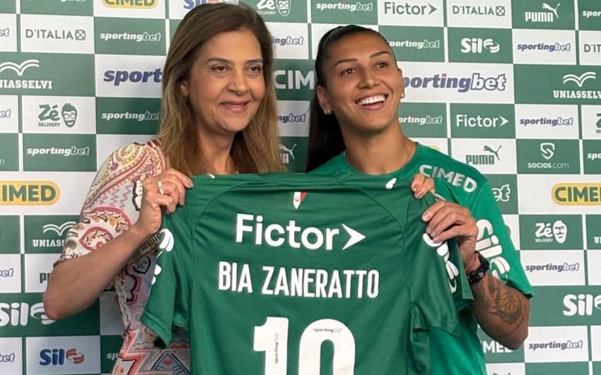 Leila Pereira e Bia Zaneratto durante entrevista coletiva nesta sexta-feira (9). (Foto: Giselly Corrêa/Lance!)