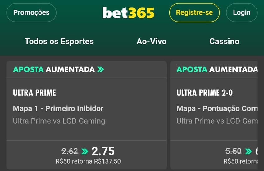 Captura de tela com Aposta Aumentada no LoL da bet365.