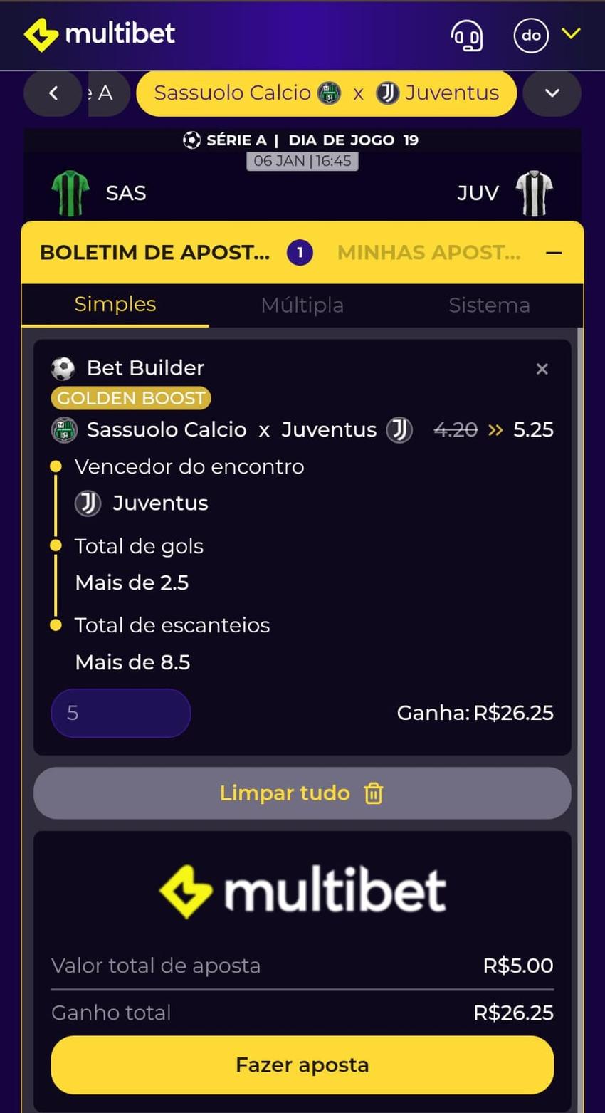 Captura de tela de uma aposta esportiva na Multibet