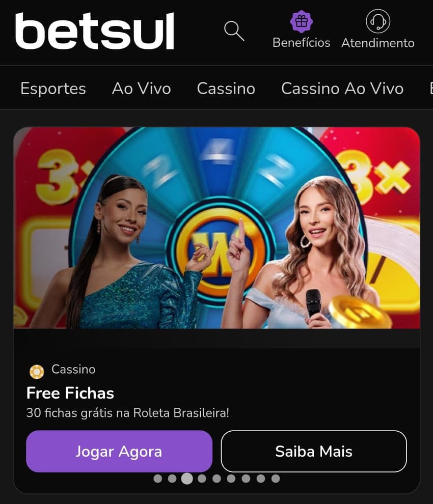 Captura de tela do bônus de 30 fichas grátis na Roleta Brasileira da Betsul.
