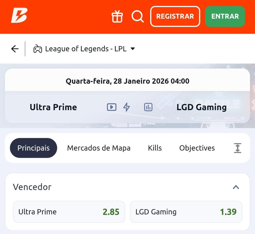Captura de tela de uma aposta em League of Legends da Betano.