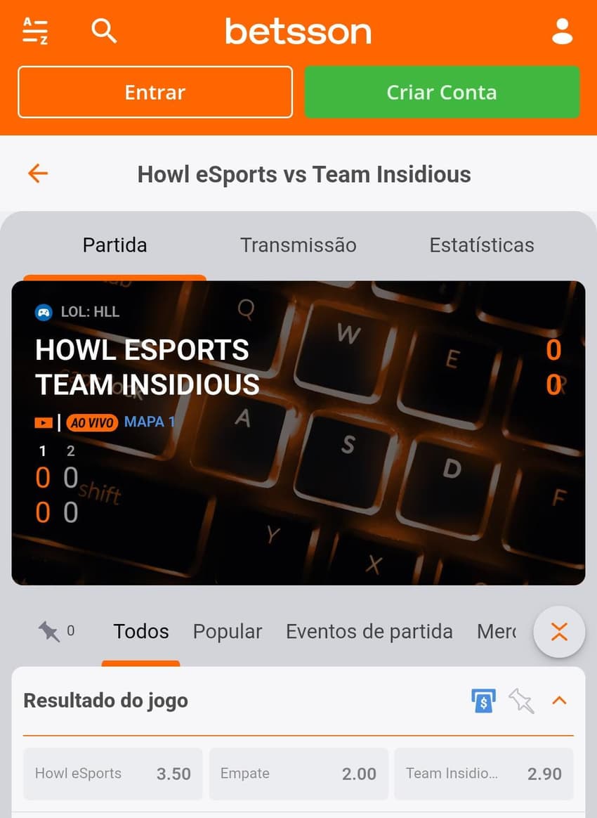 Captura de tela com apostas League of Legends na Betsson.