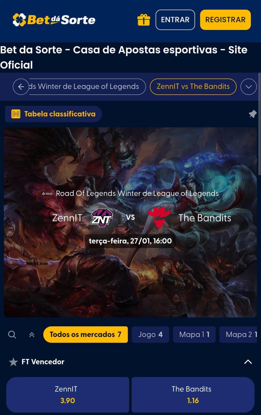 Captura de tela com aposta no LoL no site Bet Dá Sorte.
