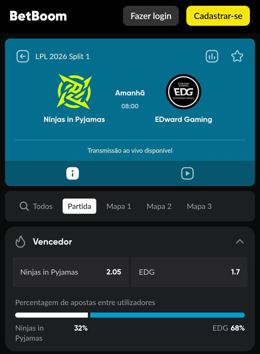 Captura de tela com apostas LoL na Betboom.