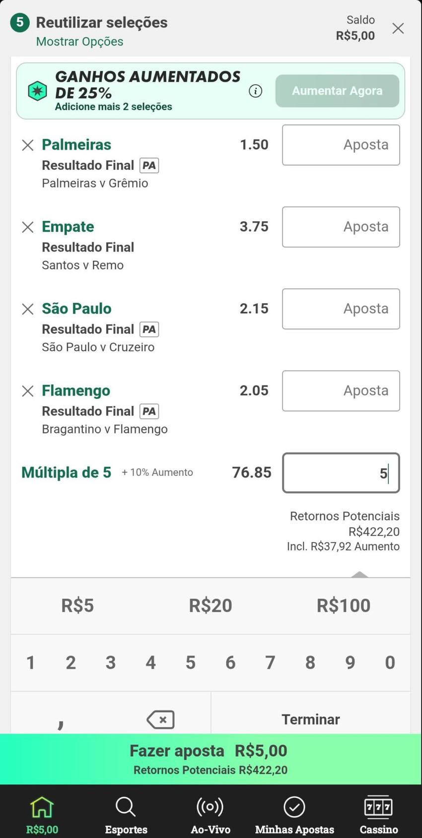 Captura de tela com aposta múltipla na bet365.