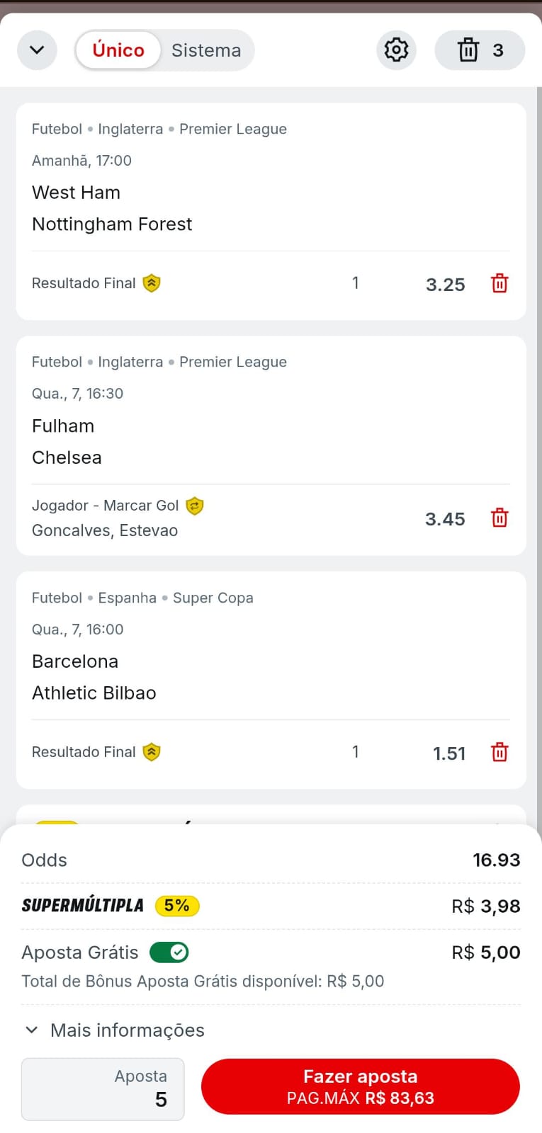 Captura de tela de uma aposta múltipla com Pagamento Antecipado na Superbet