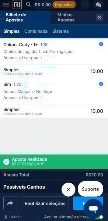 Bilhete de apostas simples na Rivalo com possíveis ganhos exibidos
