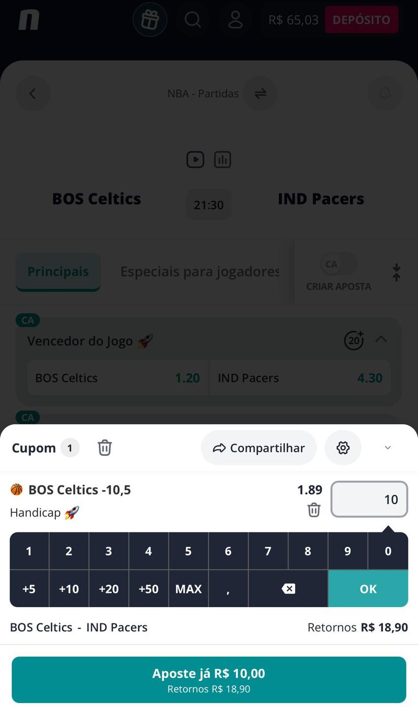 Captura da tela de apostas na NBA na Novibet.