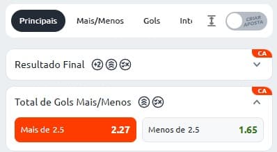 Captura de tela com aposta no mercado Total de Gols Mais de 2.5 na Betano