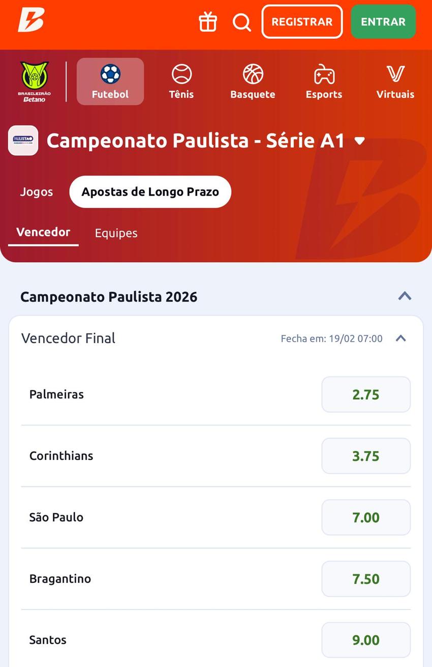 Captura de tela do cupom de apostas no Paulistão 2026 na Betano.