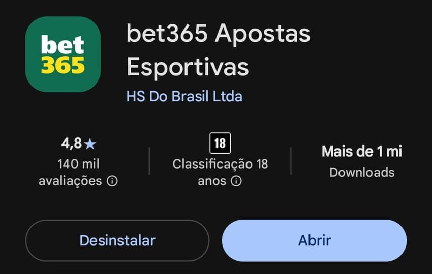 Captura de tela da página do aplicativo da bet365 na loja Play Store.