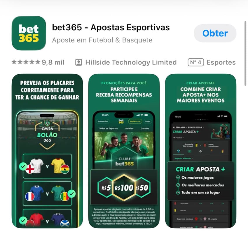 Captura de tela feita no dia 09/06/2025 exibe o aplicativo da bet365 na App Store.