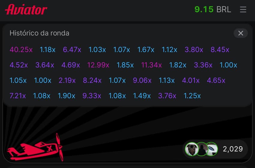 Captura de tela do histórico de partidas no jogo aviator da bet365.