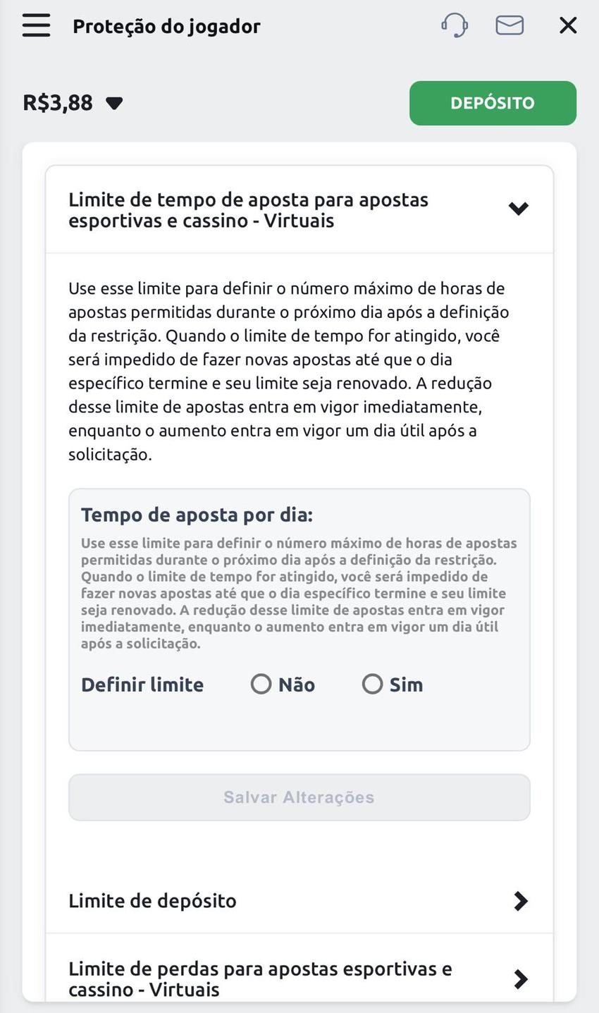  Captura da tela de limites de aposta na Betano.