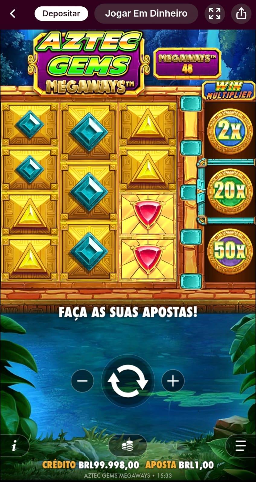 Captura de tela da sessão de apostas no slot Aztec Gems Megaways no cassino da Superbet.