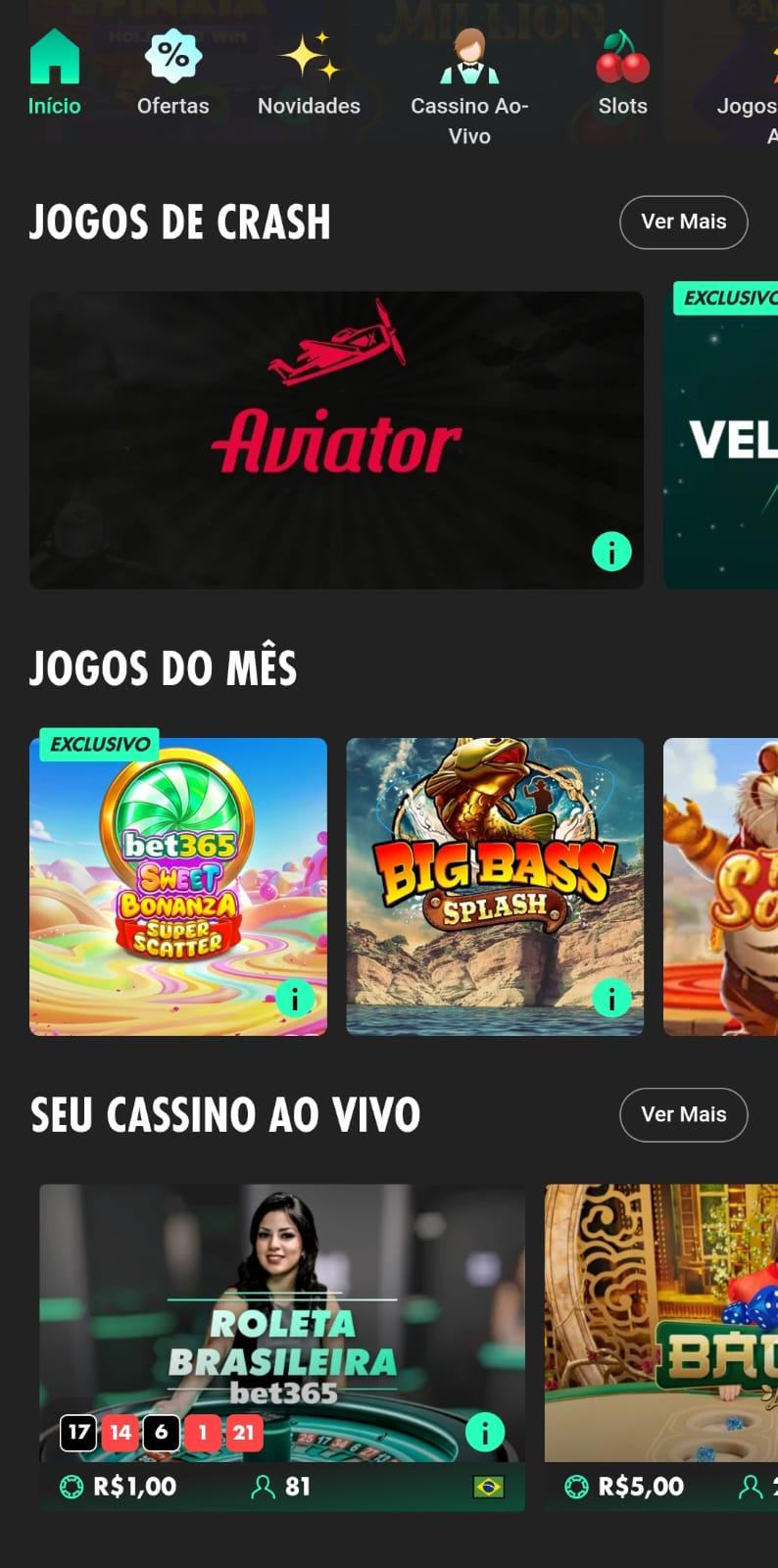 Captura de tela da página inicial do cassino da bet365 com os jogos do mês, crash e ao vivo.