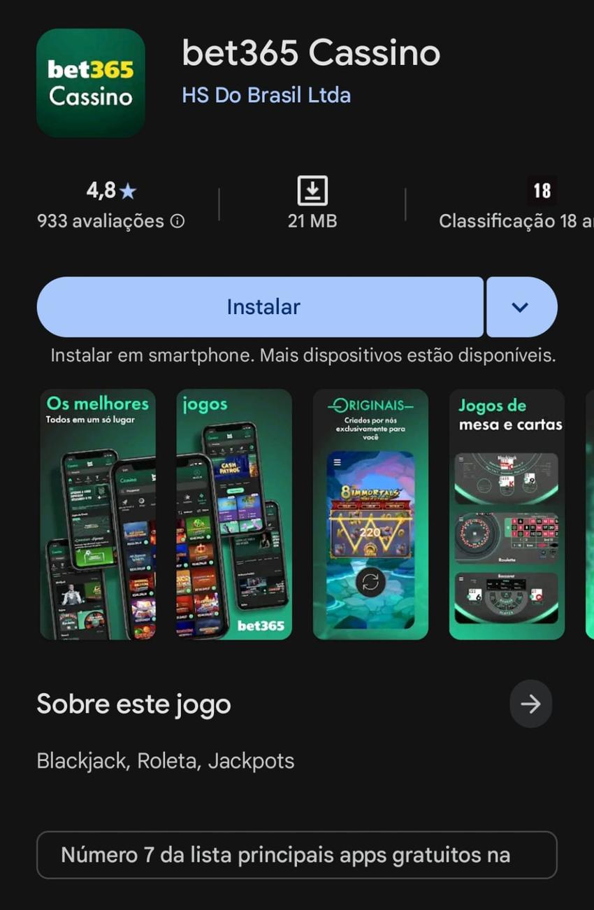 Captura de tela do aplicativo oficial da bet365 disponível na Play Store.