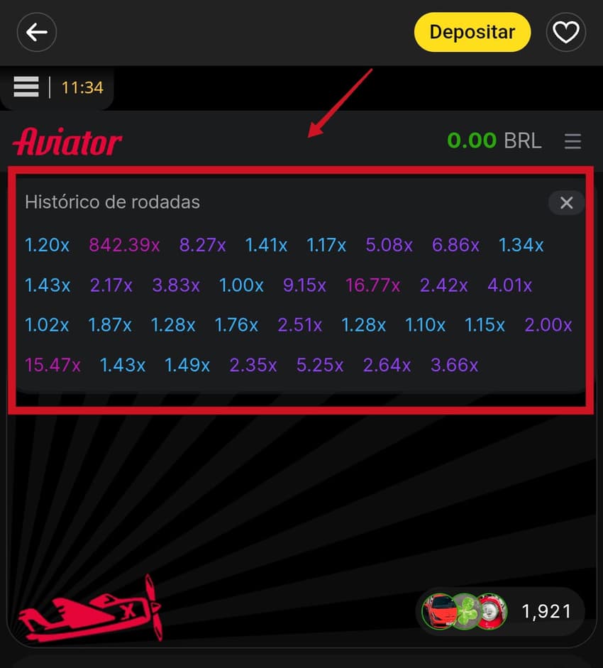 Captura de tela do histórico de partidas no jogo aviator da bet365.