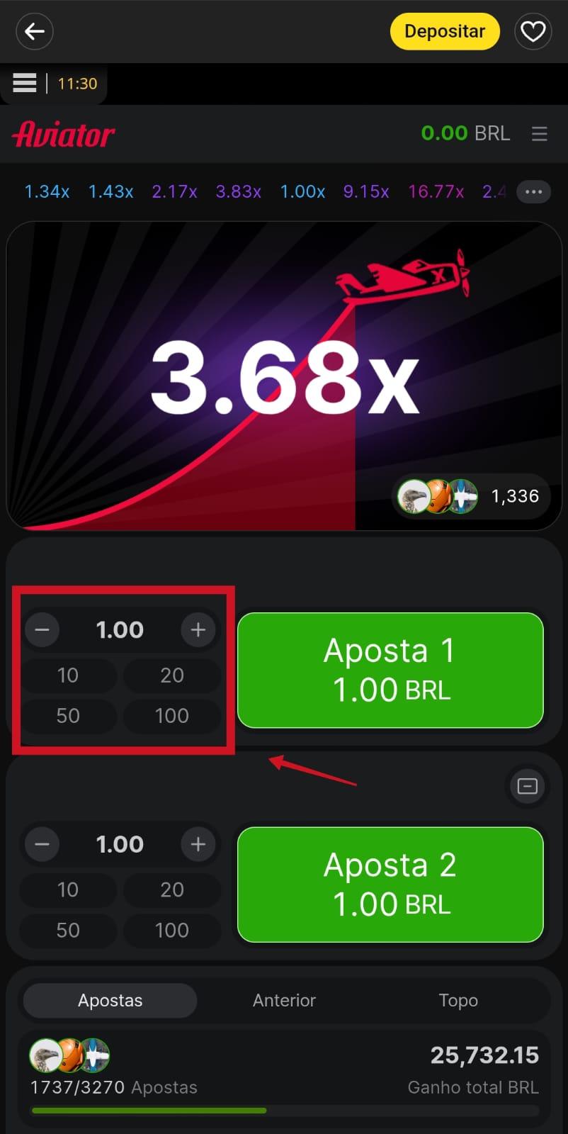 Captura de tela do Aviator na bet365 com destaque para as apostas automáticas no jogo.