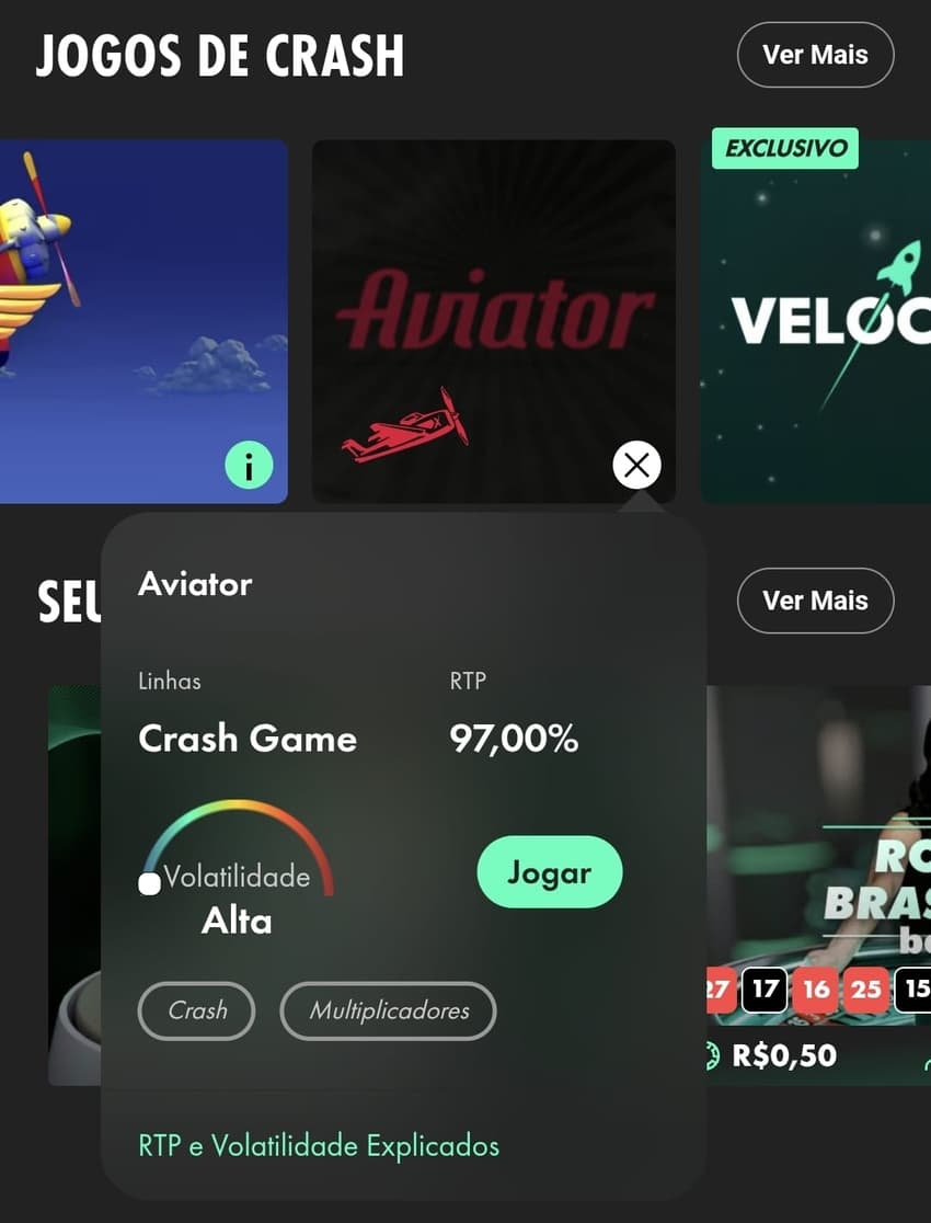 Captura de tela dos crash games na bet365, com destaque para as informações de RTP e volatilidade do Aviator.