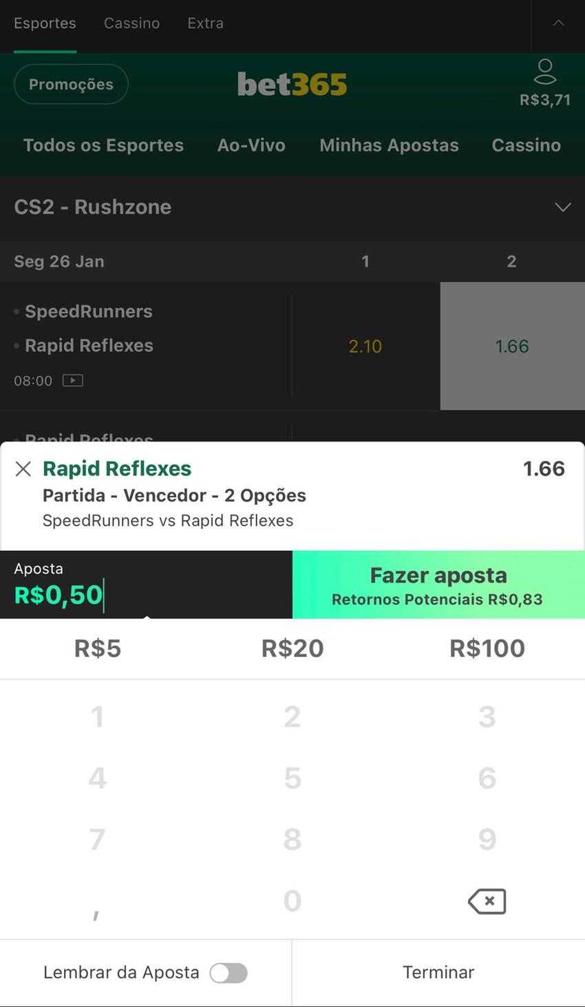 Captura da tela do bilhete de apostas na bet365 em CS2.