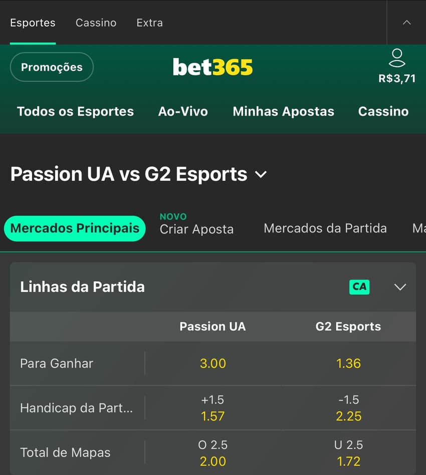 Captura da tela do mercado de Handicap na bet365 em CS2.
