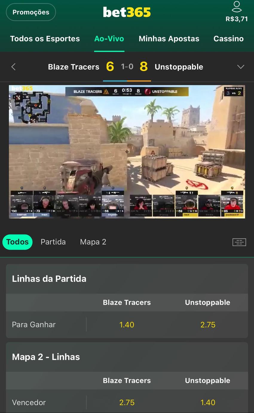 Captura de tela mostra o streaming ao vivo da bet365 em CS2.