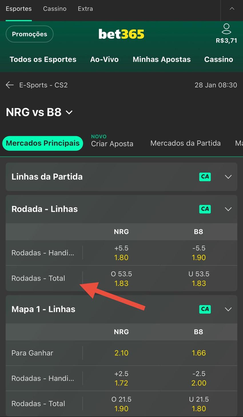 Captura da tela do mercado de Total de Rodadas na bet365 em CS2.