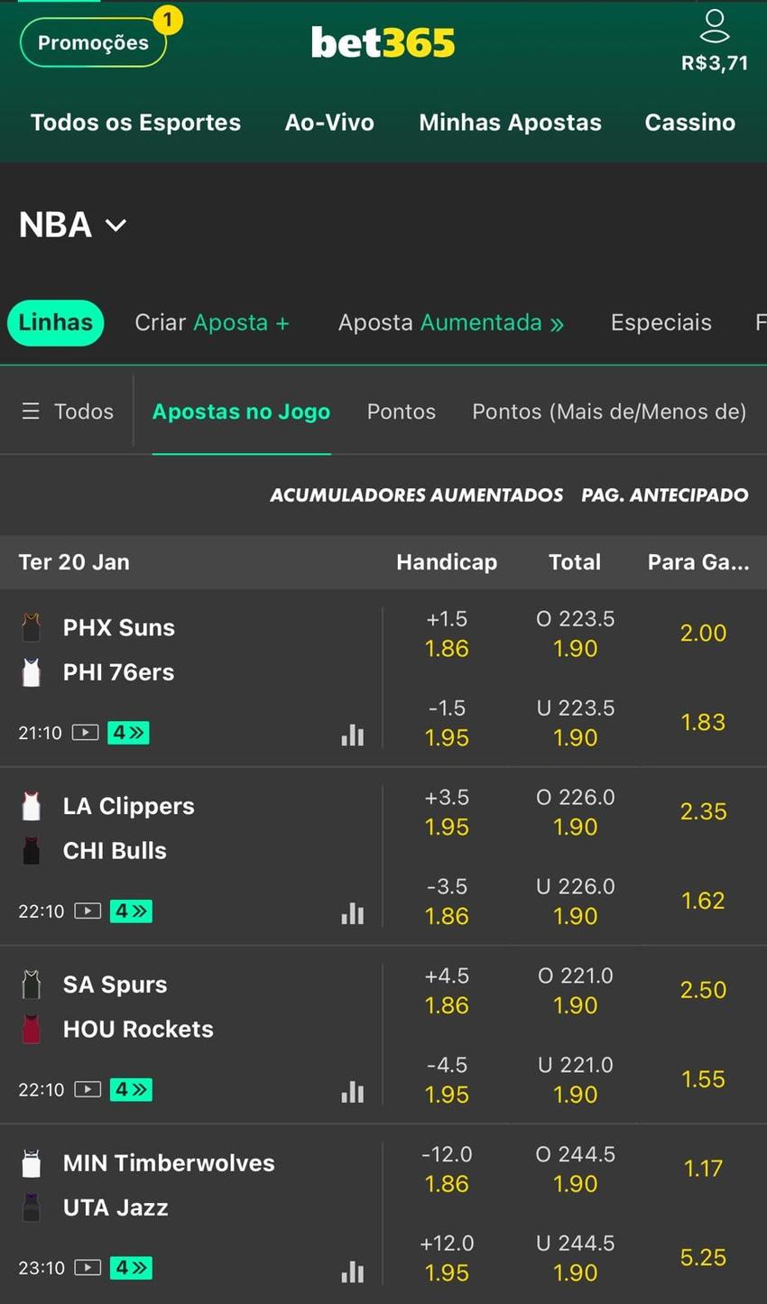 Captura de tela de apostas na NBA na bet365, com odds relativas ao momento do print.