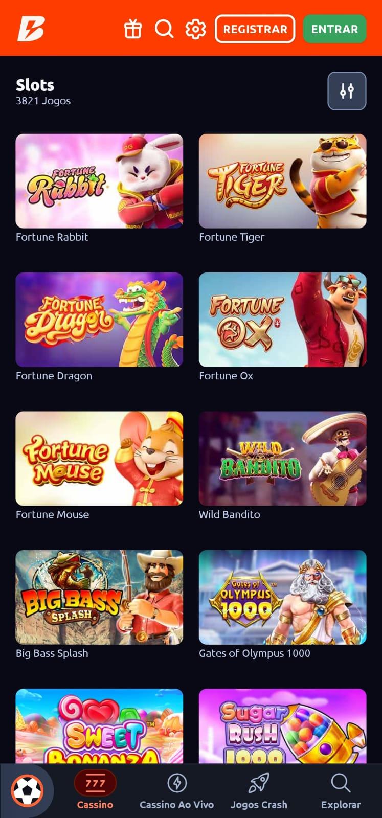 Captura de tela dos slots na página oficial do cassino da Betano.