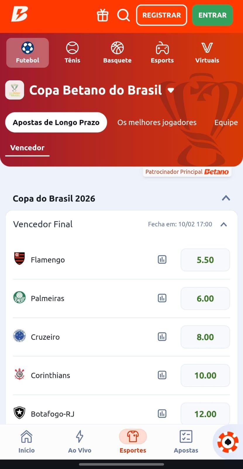 Captura de tela da página oficial da Betano com os mercados de apostas para a Copa do Brasil.