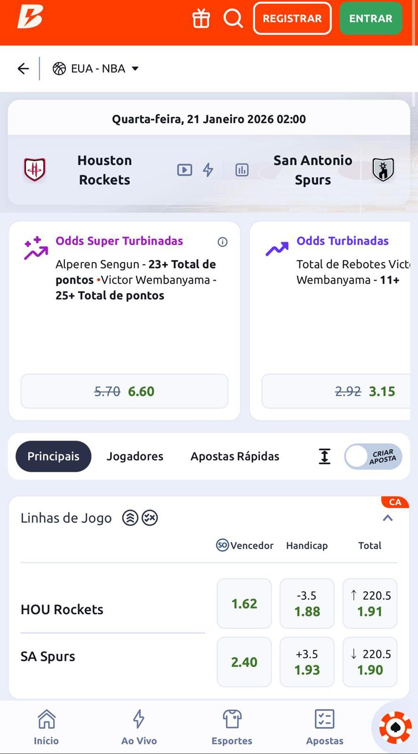 Captura de tela das Odds Super Turbinadas na Betano.