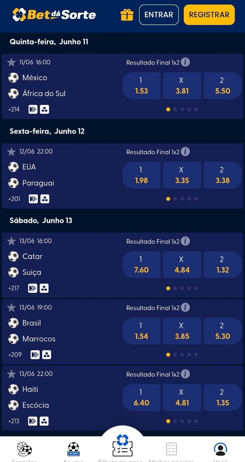 Captura de tela da Bet dá Sorte com os jogos de junho para a Copa do Mundo de 2026.