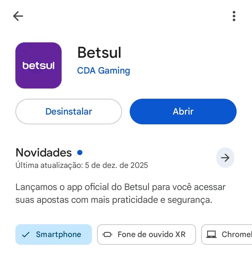 Captura de tela do aplicativo da Betsul na Play Store.