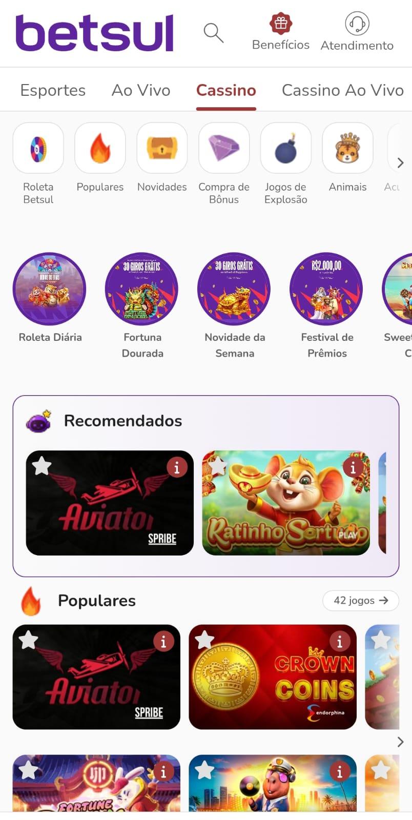 Captura dos jogos recomendados e populares no site oficial da Betsul.