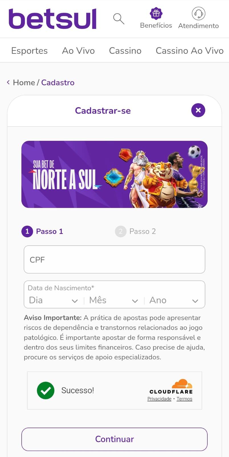 Captura de tela do formulário de cadastro na Betsul.