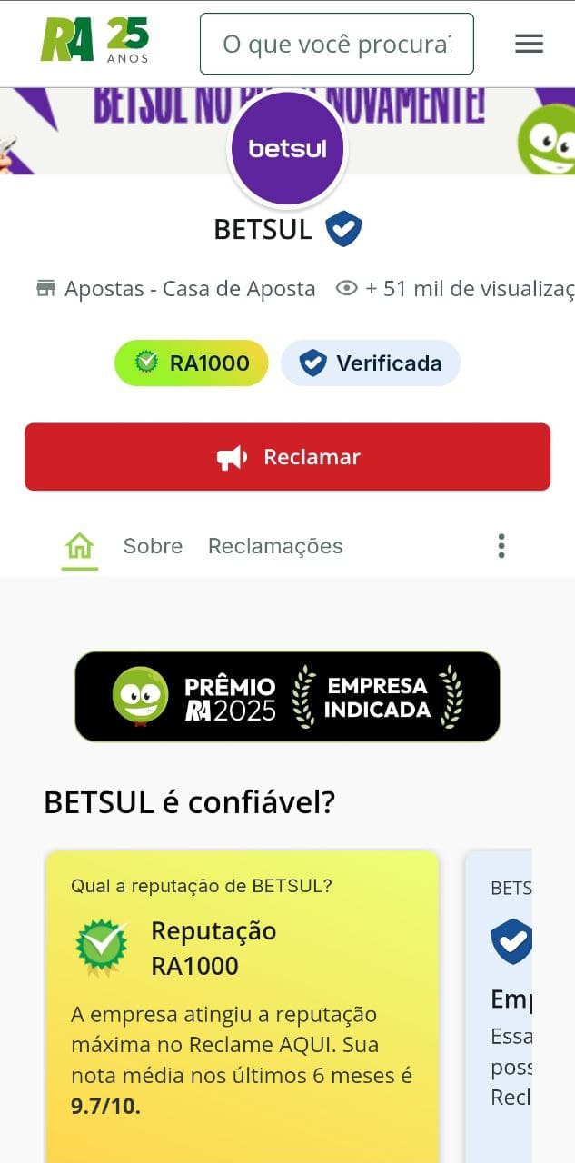 Página da Betsul no Reclame Aqui com reputação RA1000 e nota 9,7 de 10