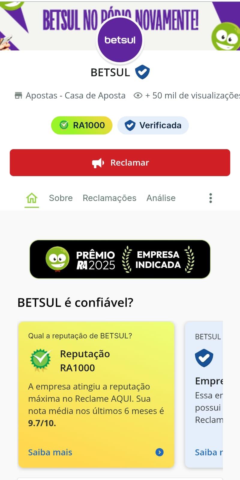 Captura de tela da seção da Betsul no site oficial do Reclame Aqui com seu selo RA1000.